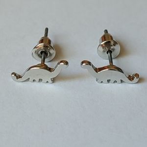 Tiny dinosaur earrings silver tone metal dino